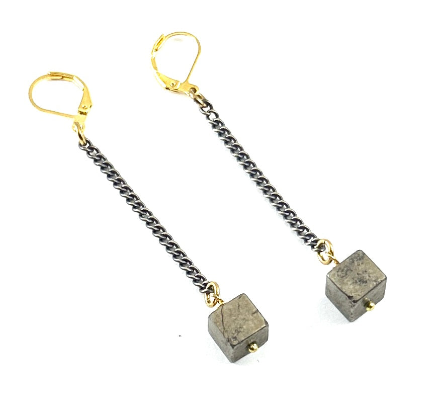 Pyrite Cube Rectangular Earrings on Chain