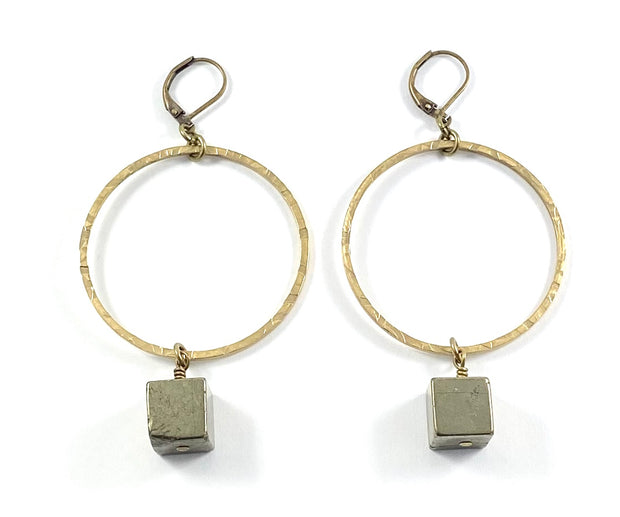 Pyrite Cube & Brass Circle Earrings