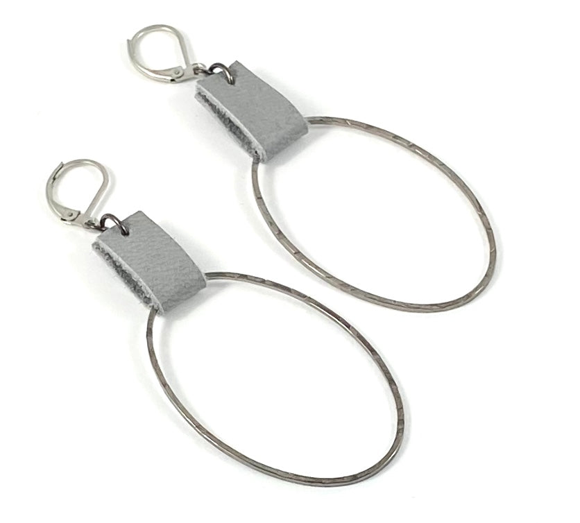 Leather & Gunmetal Oval Earrings