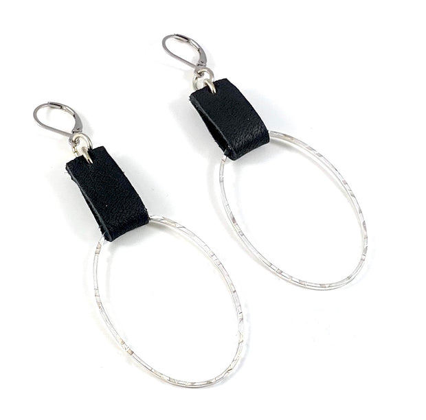 Leather & Silver Oval Earrings