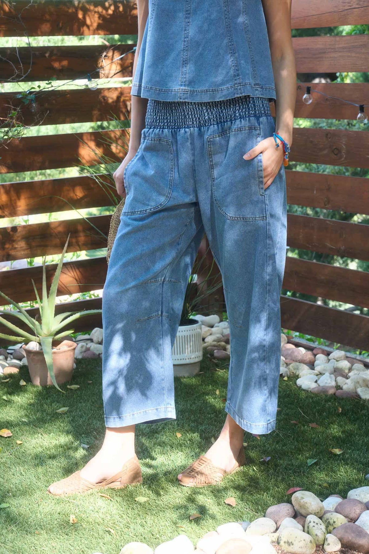 Smocked Waist Denim Pants