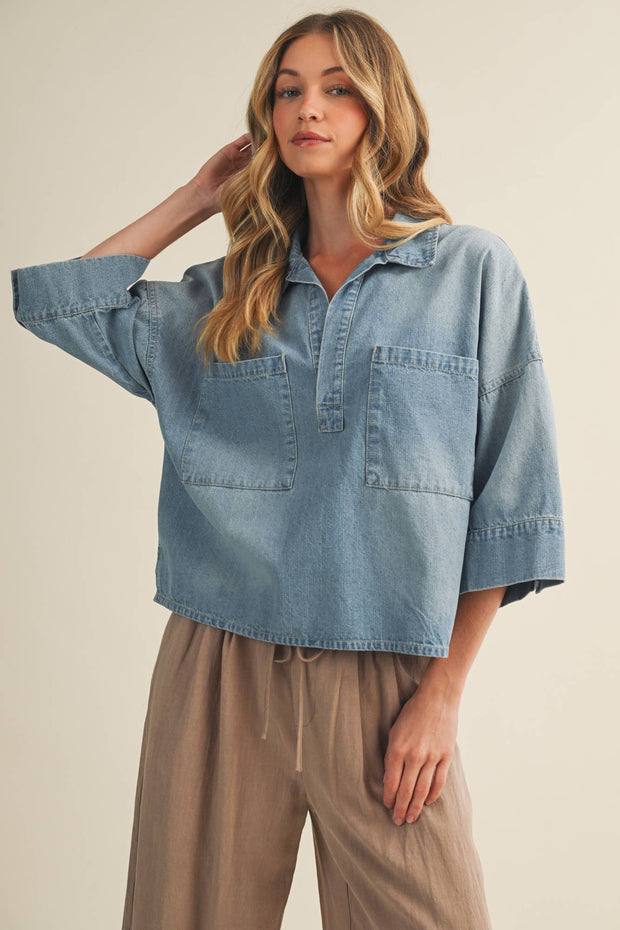 Washed Denim Dropped Shoulder Popover Top