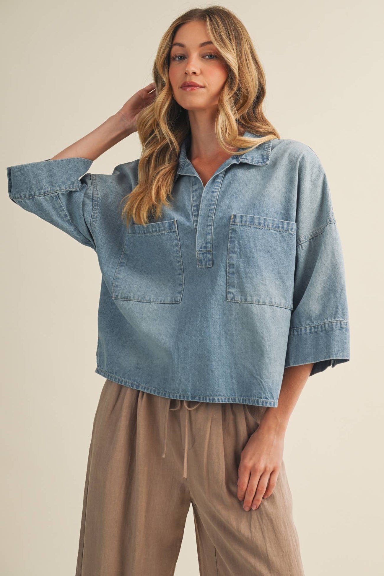 Washed Denim Dropped Shoulder Popover Top