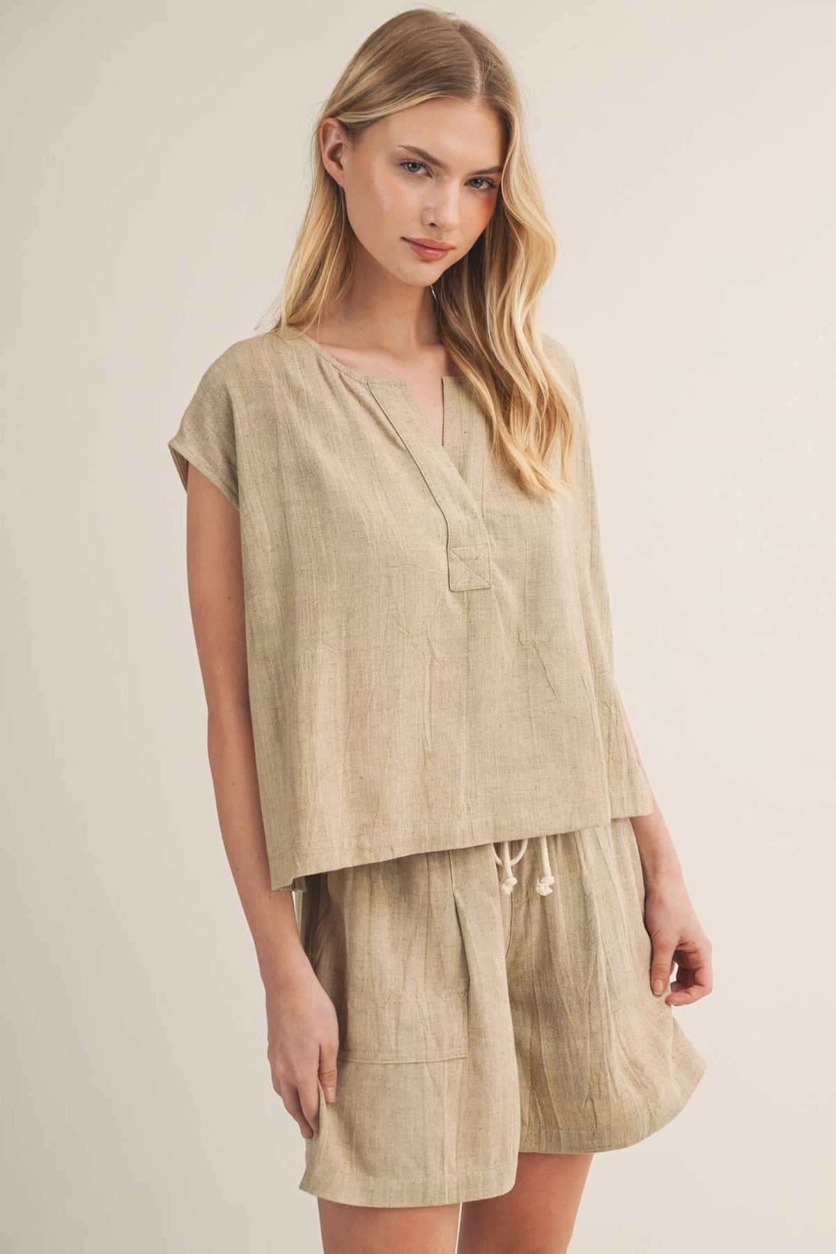 Textured Woven Split V-Neck Top