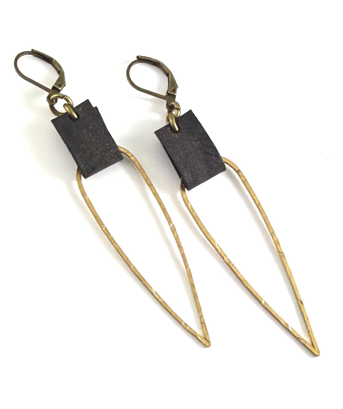 Leather & Brass Elongated Tear Drop Earrings