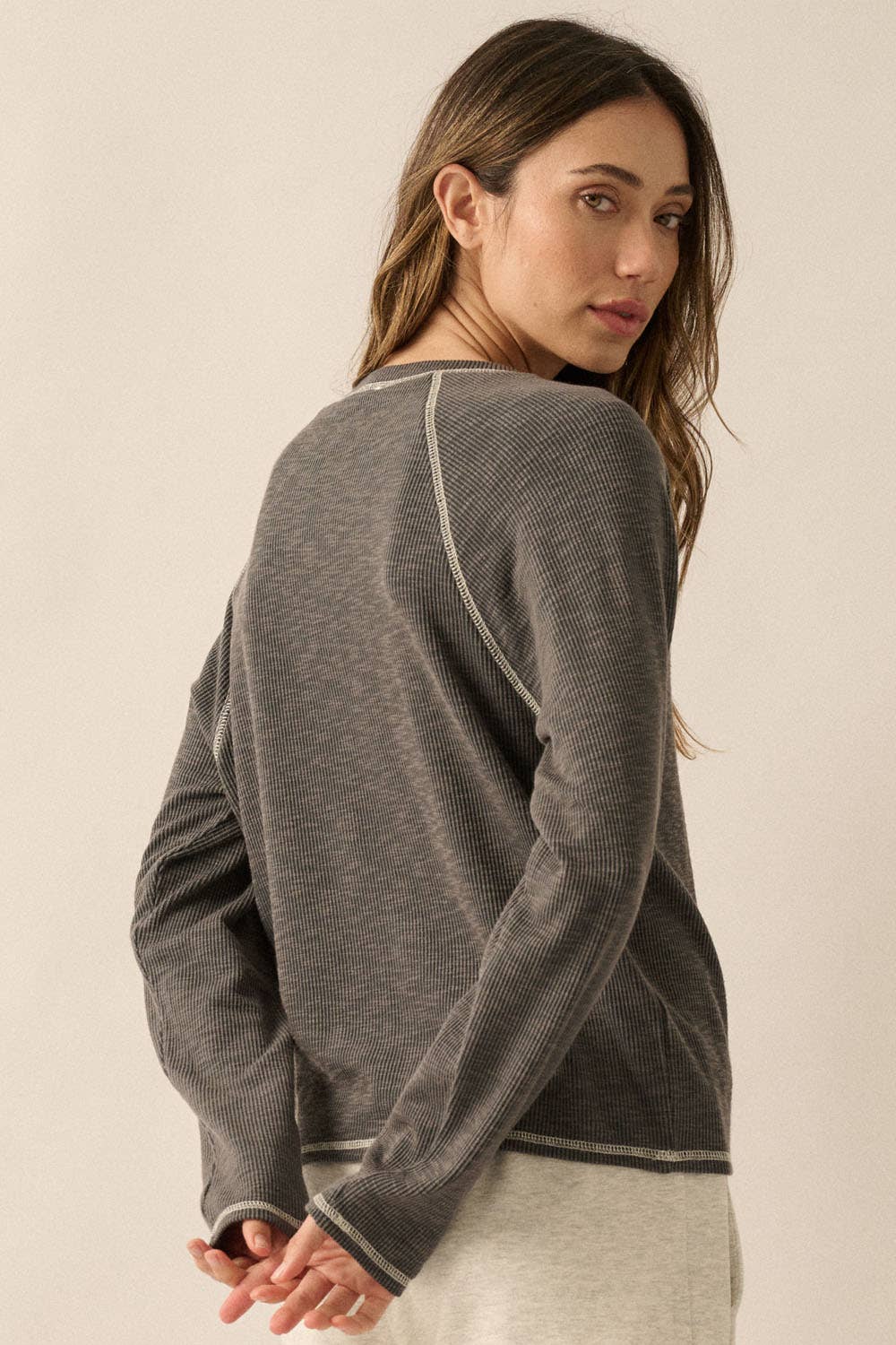 Reverse Seam Raglan Sleeve Rib-Knit Top
