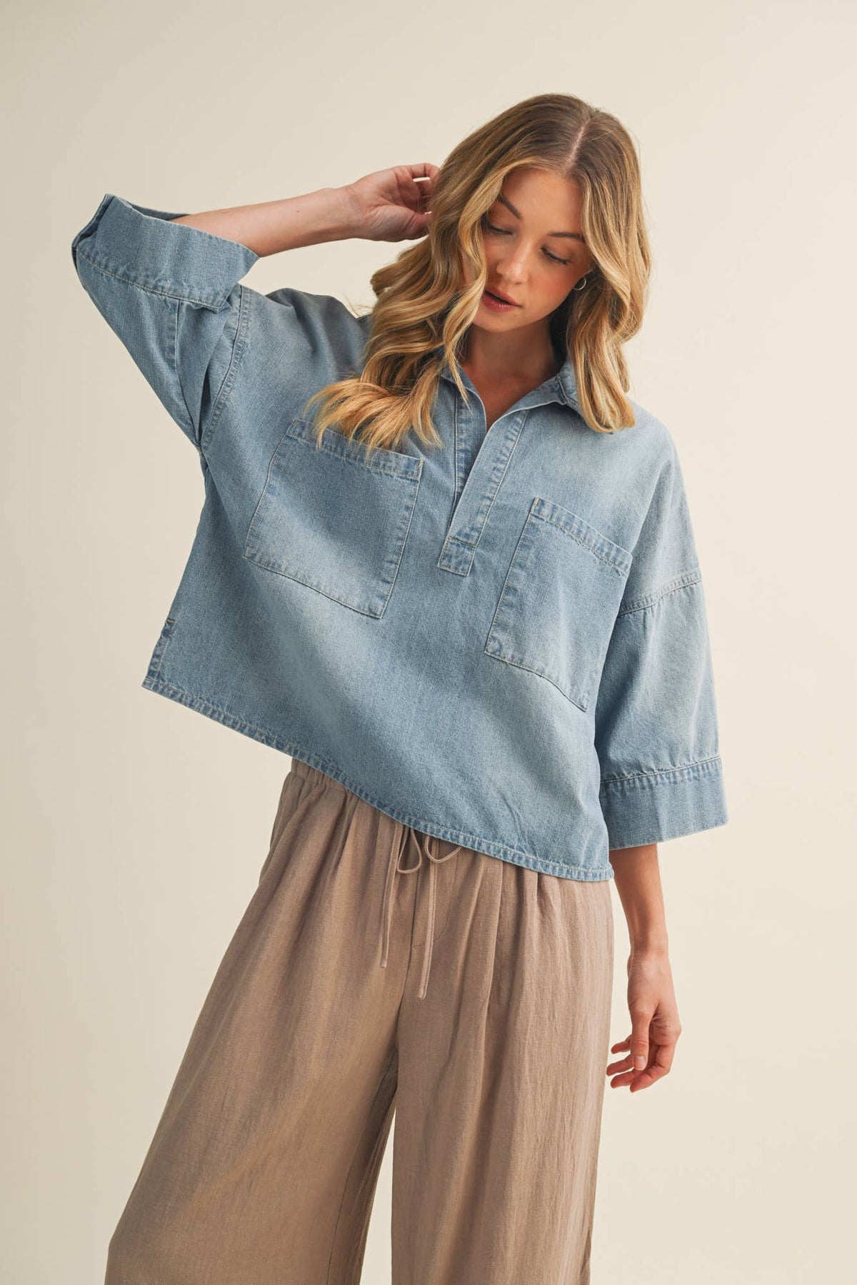 Washed Denim Dropped Shoulder Popover Top