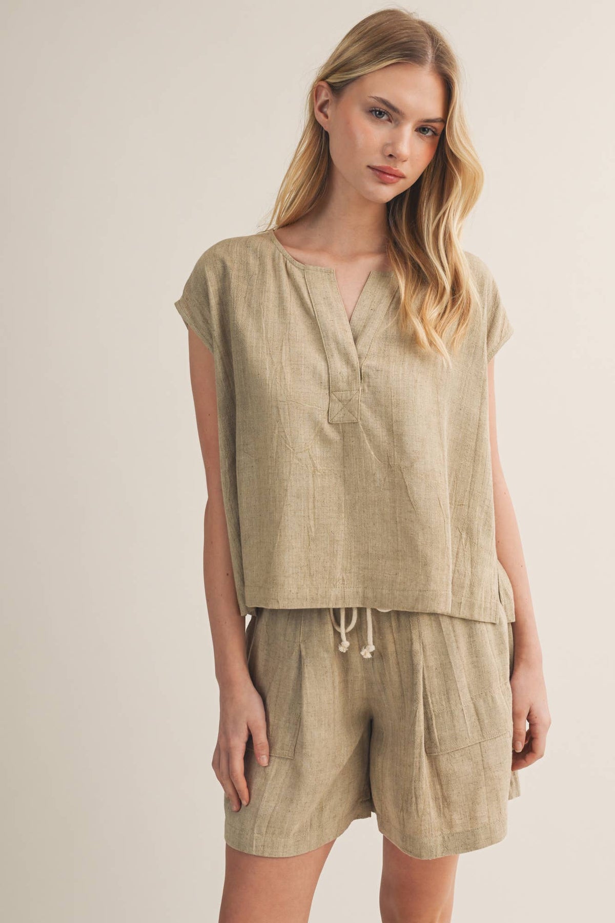 Textured Woven Split V-Neck Top