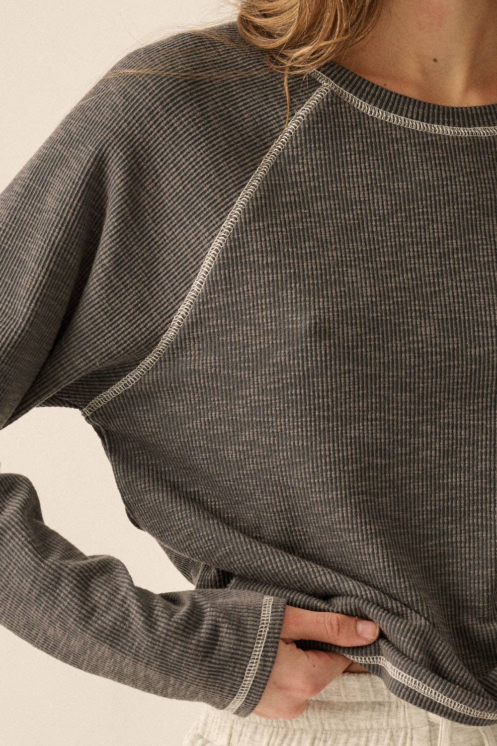 Reverse Seam Raglan Sleeve Rib-Knit Top