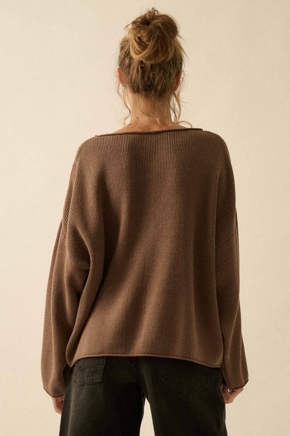Rib-Knit Oversized Boatneck Sweater