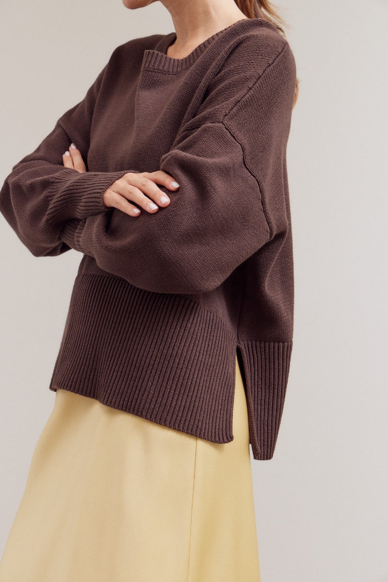 Exaggerated Rib-Knit Oversized Side Slit Sweater