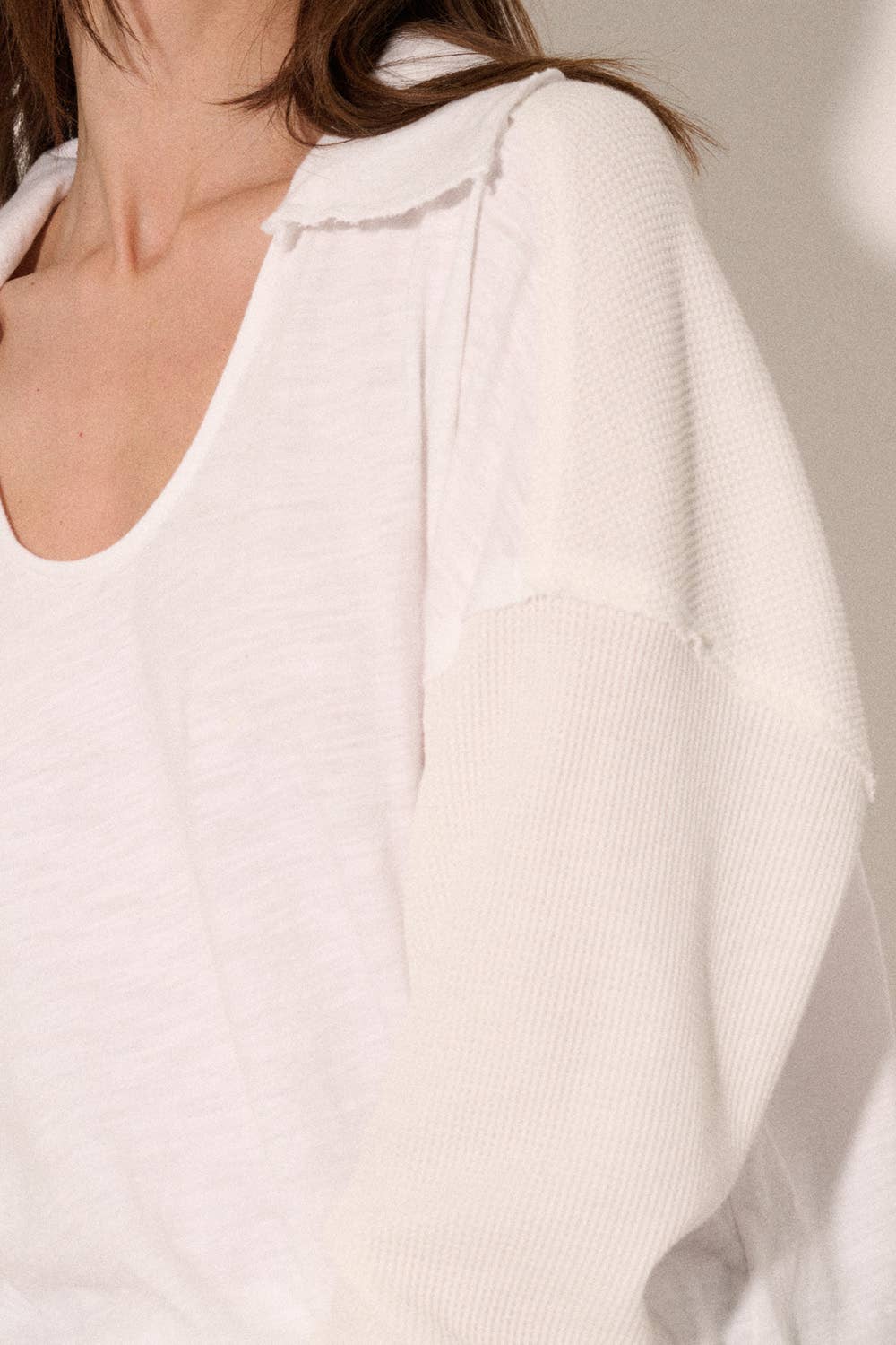 Mixed Media Slub Knit Collared Scoop Neck Top
