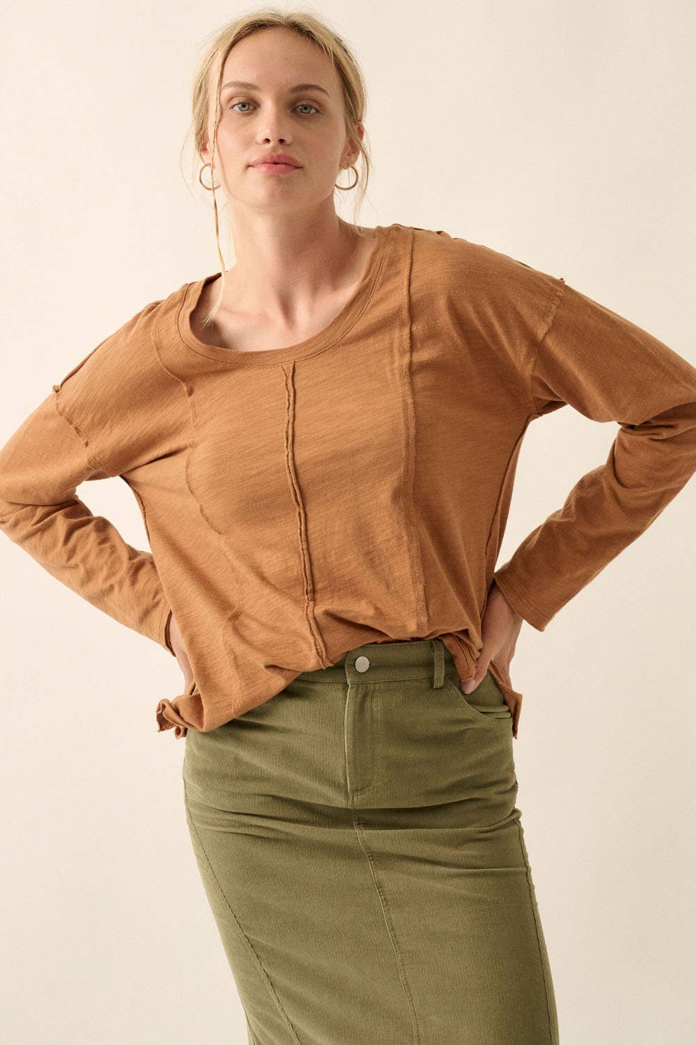 Easy Fit Mineral-Wash Slub Knit Exposed-Seam Top