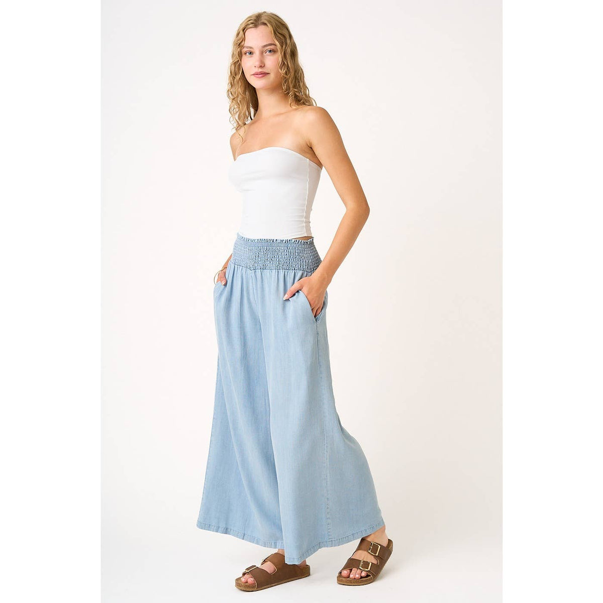 Tencel Smocked Waist Wide Leg Pants