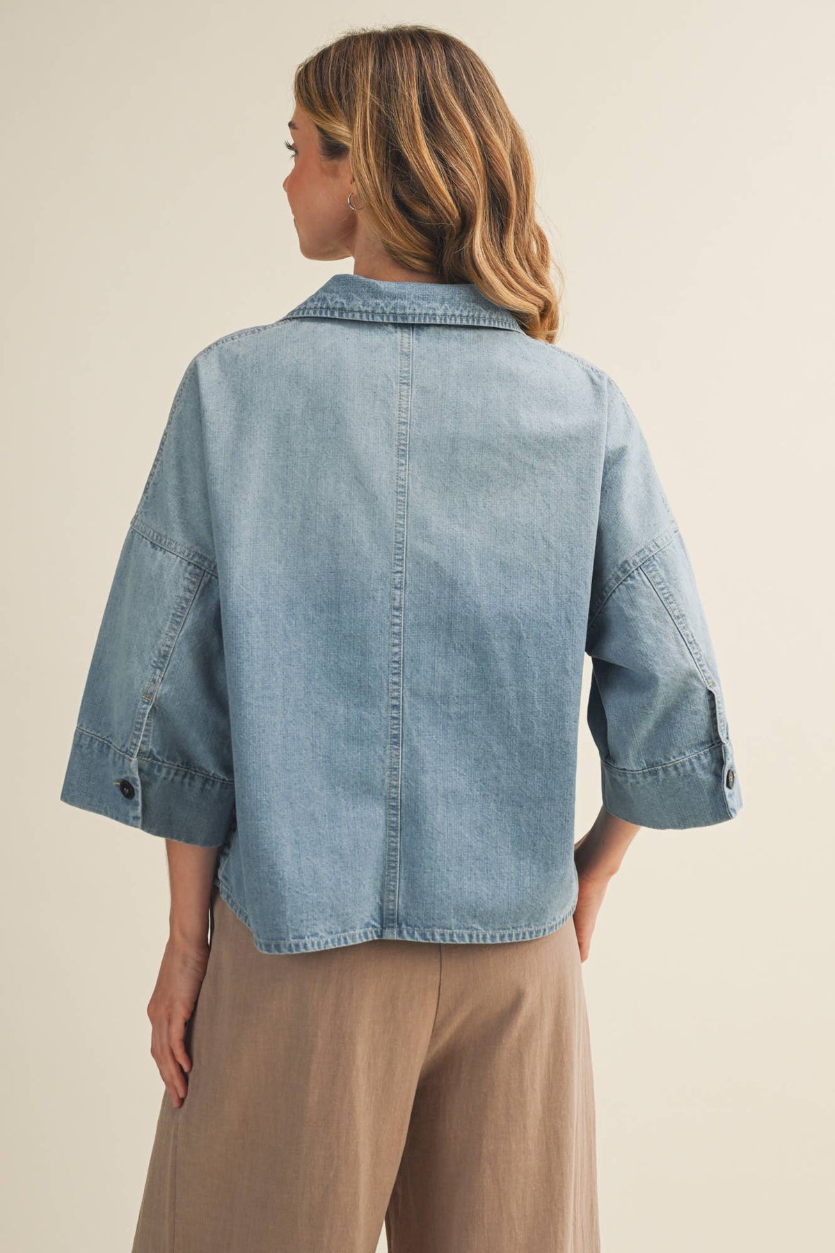 Washed Denim Dropped Shoulder Popover Top