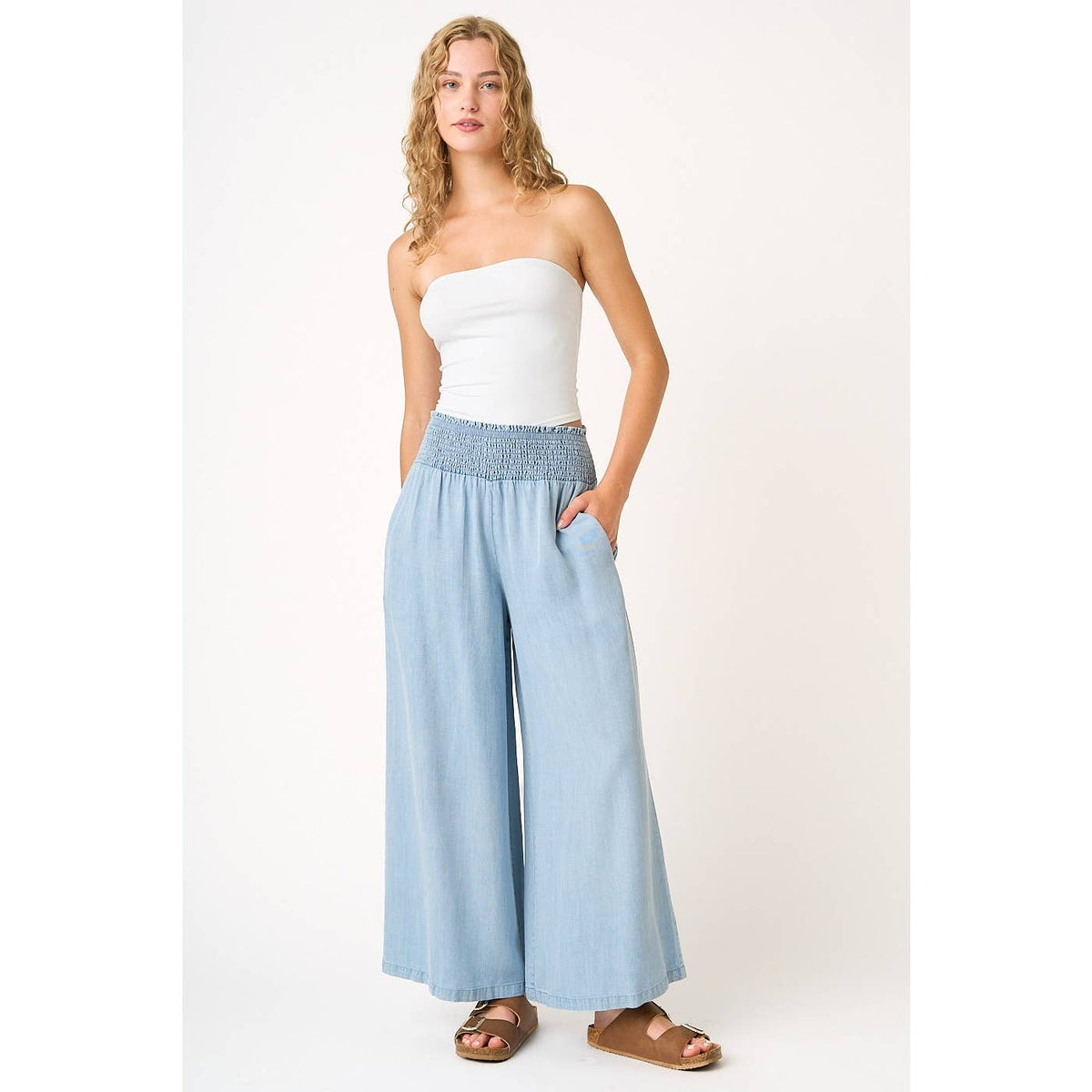 Tencel Smocked Waist Wide Leg Pants