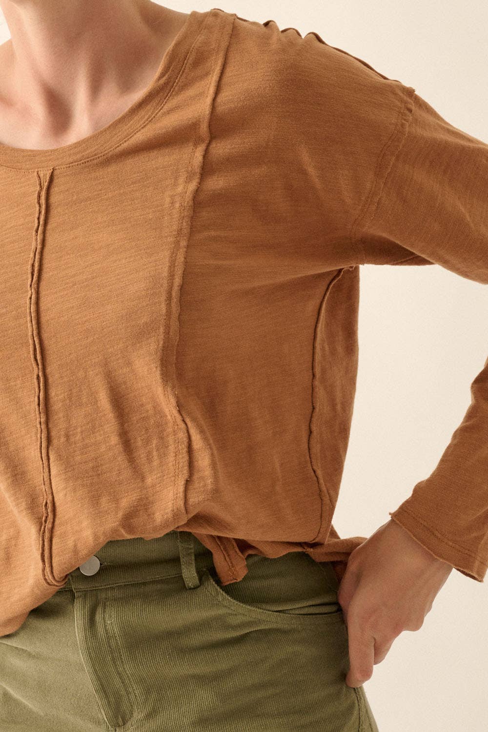 Easy Fit Mineral-Wash Slub Knit Exposed-Seam Top