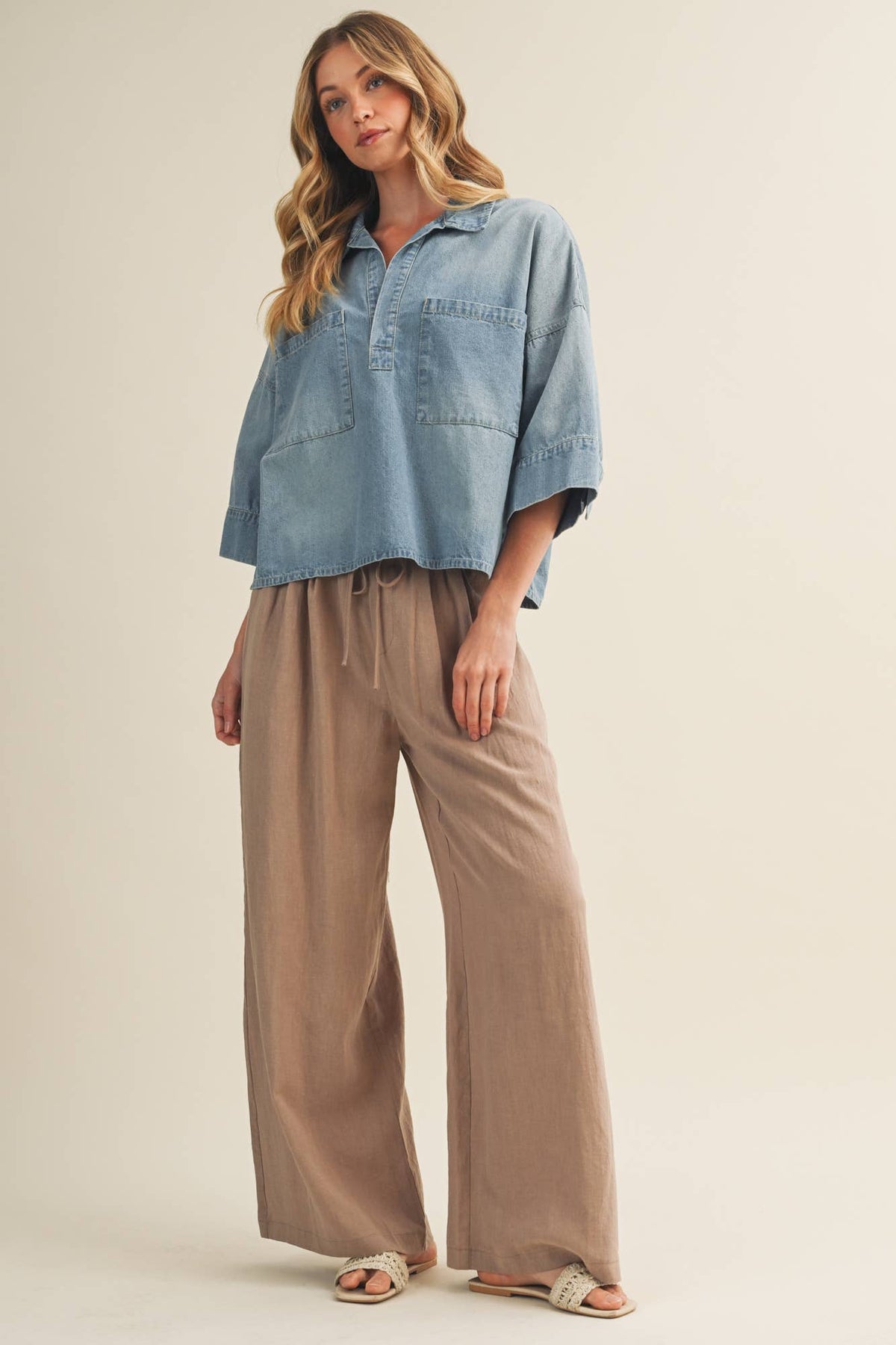 Washed Denim Dropped Shoulder Popover Top