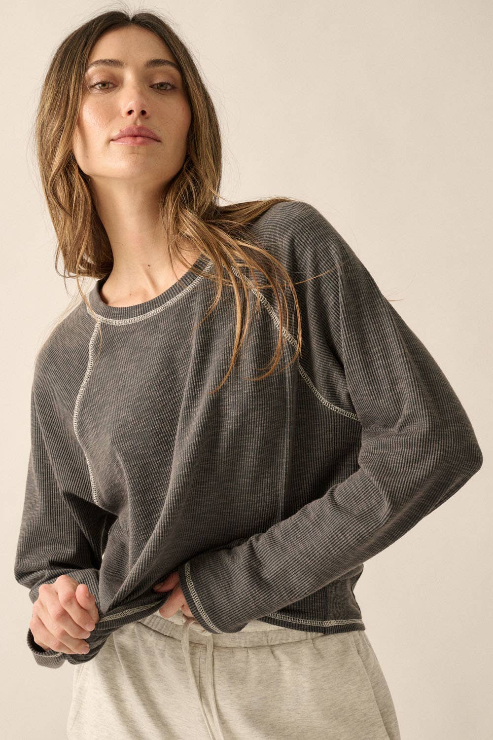 Reverse Seam Raglan Sleeve Rib-Knit Top