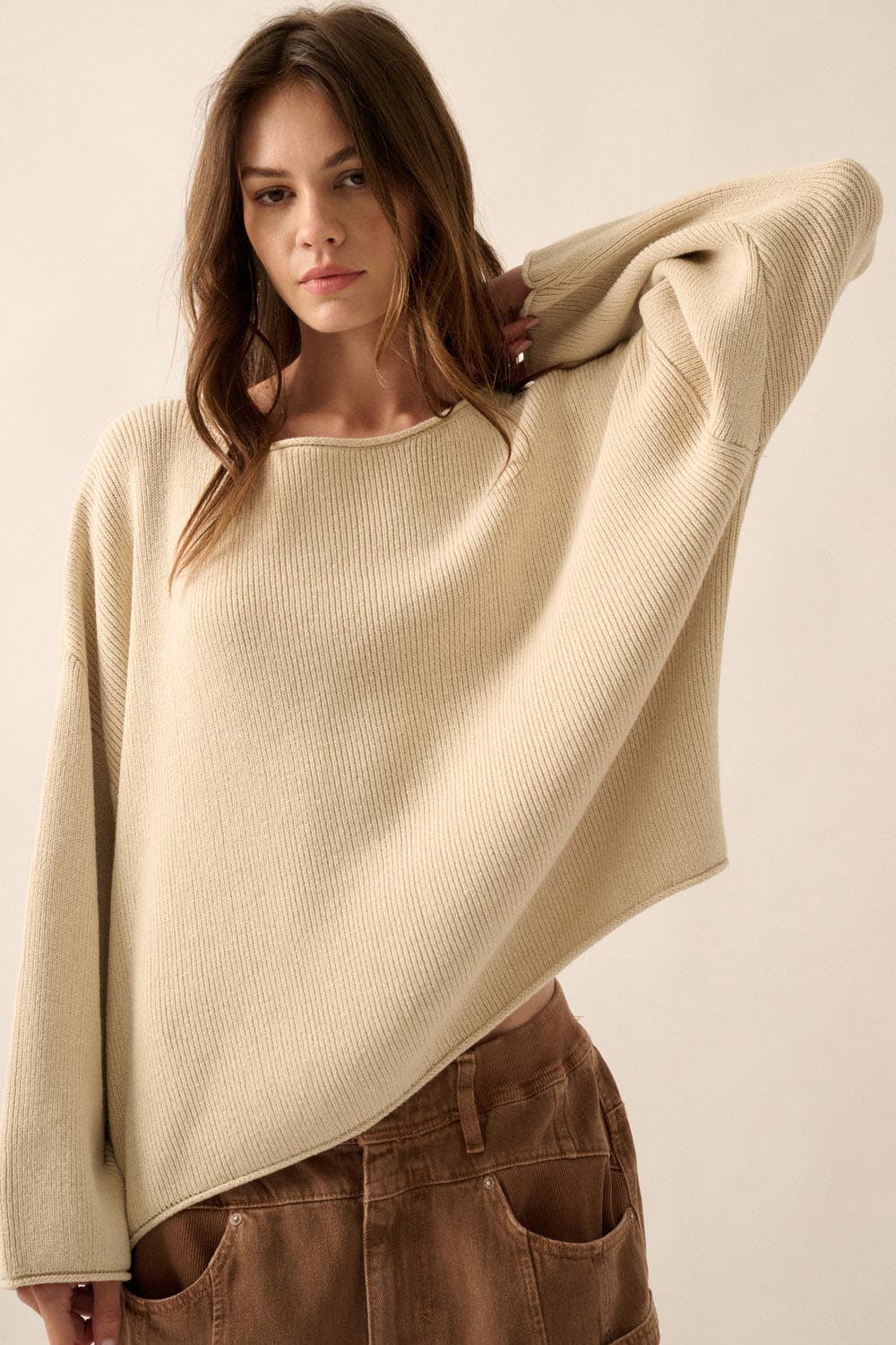 Rib-Knit Oversized Boatneck Sweater