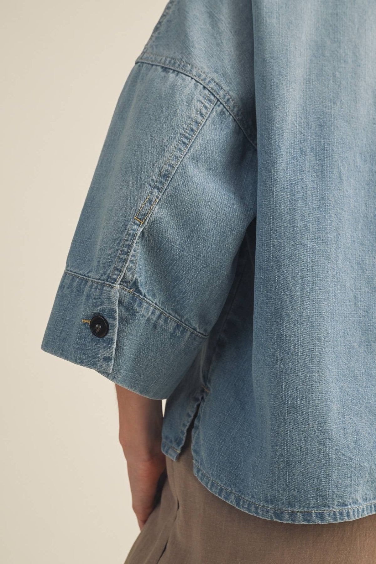 Washed Denim Dropped Shoulder Popover Top