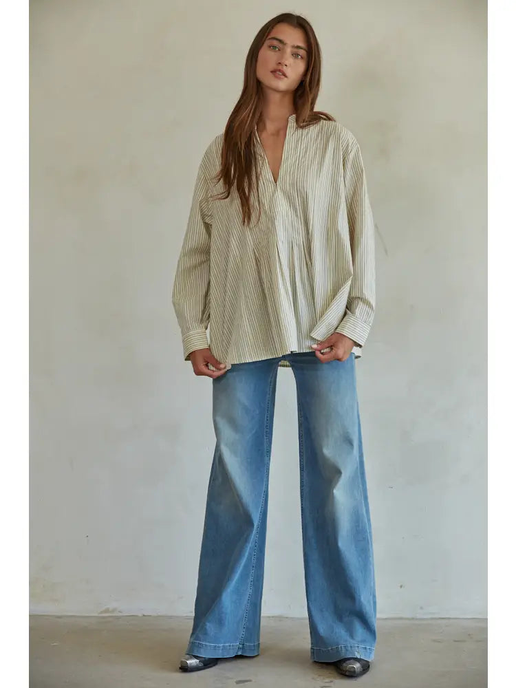 Striped V Neck Pleated Top