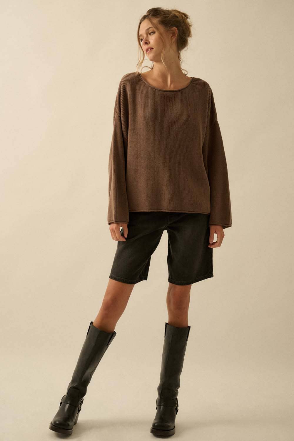 Rib-Knit Oversized Boatneck Sweater