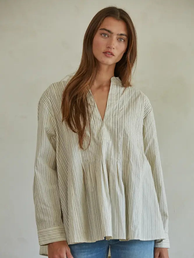 Striped V Neck Pleated Top