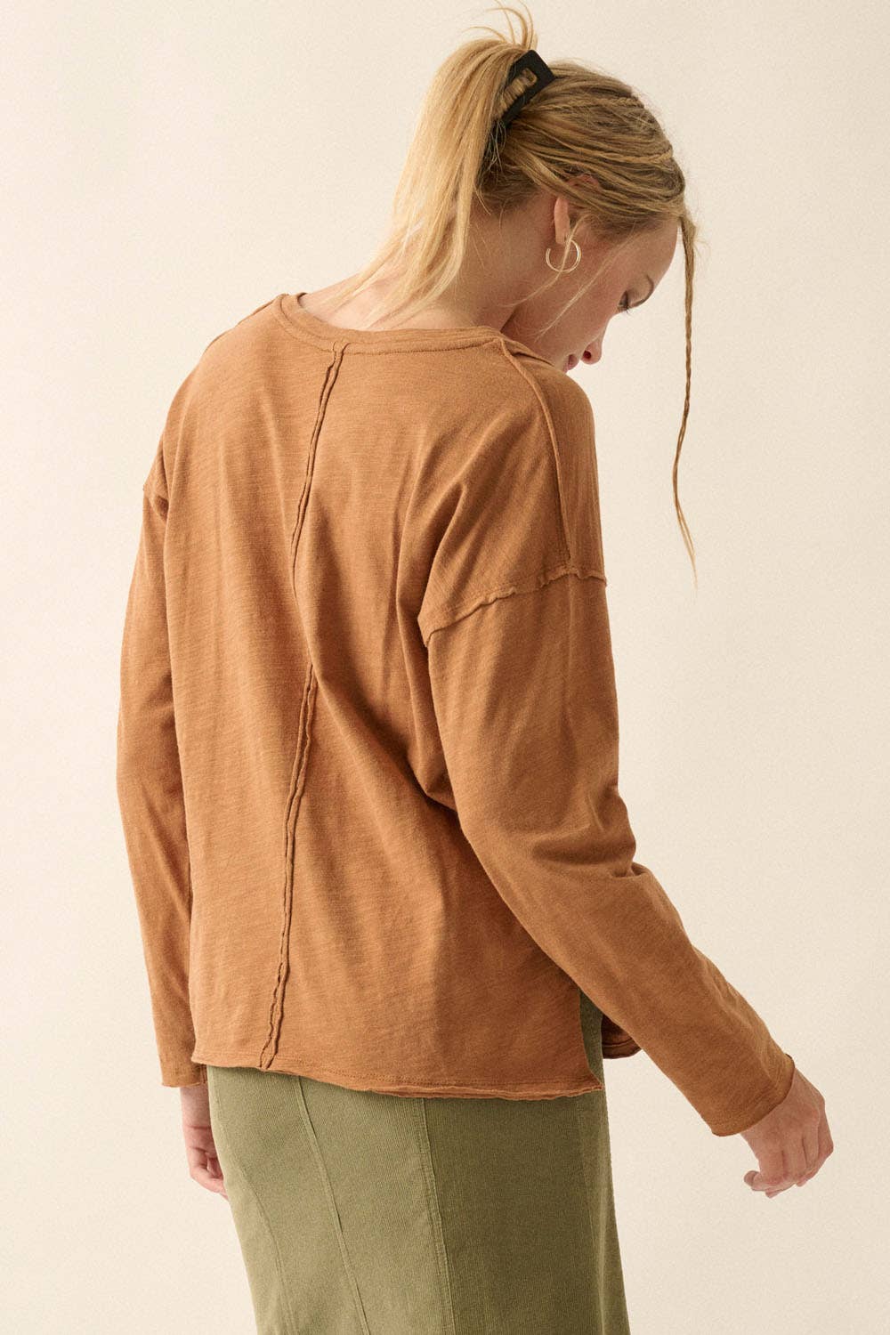Easy Fit Mineral-Wash Slub Knit Exposed-Seam Top