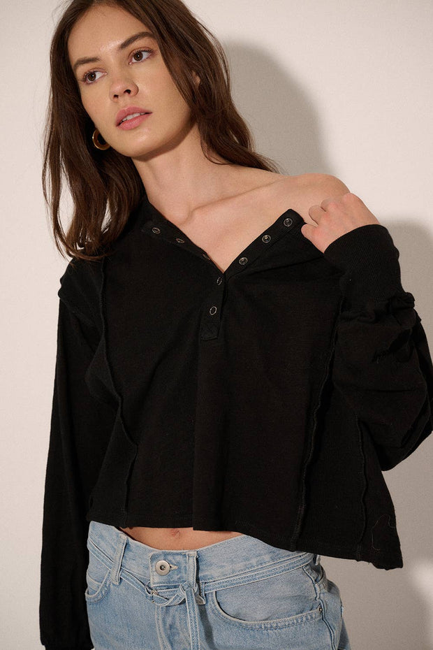 Easy Fit Slub Knit Exposed-Seam Henley Top