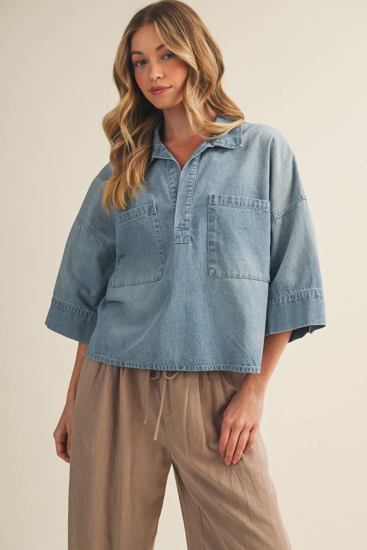 Washed Denim Dropped Shoulder Popover Top