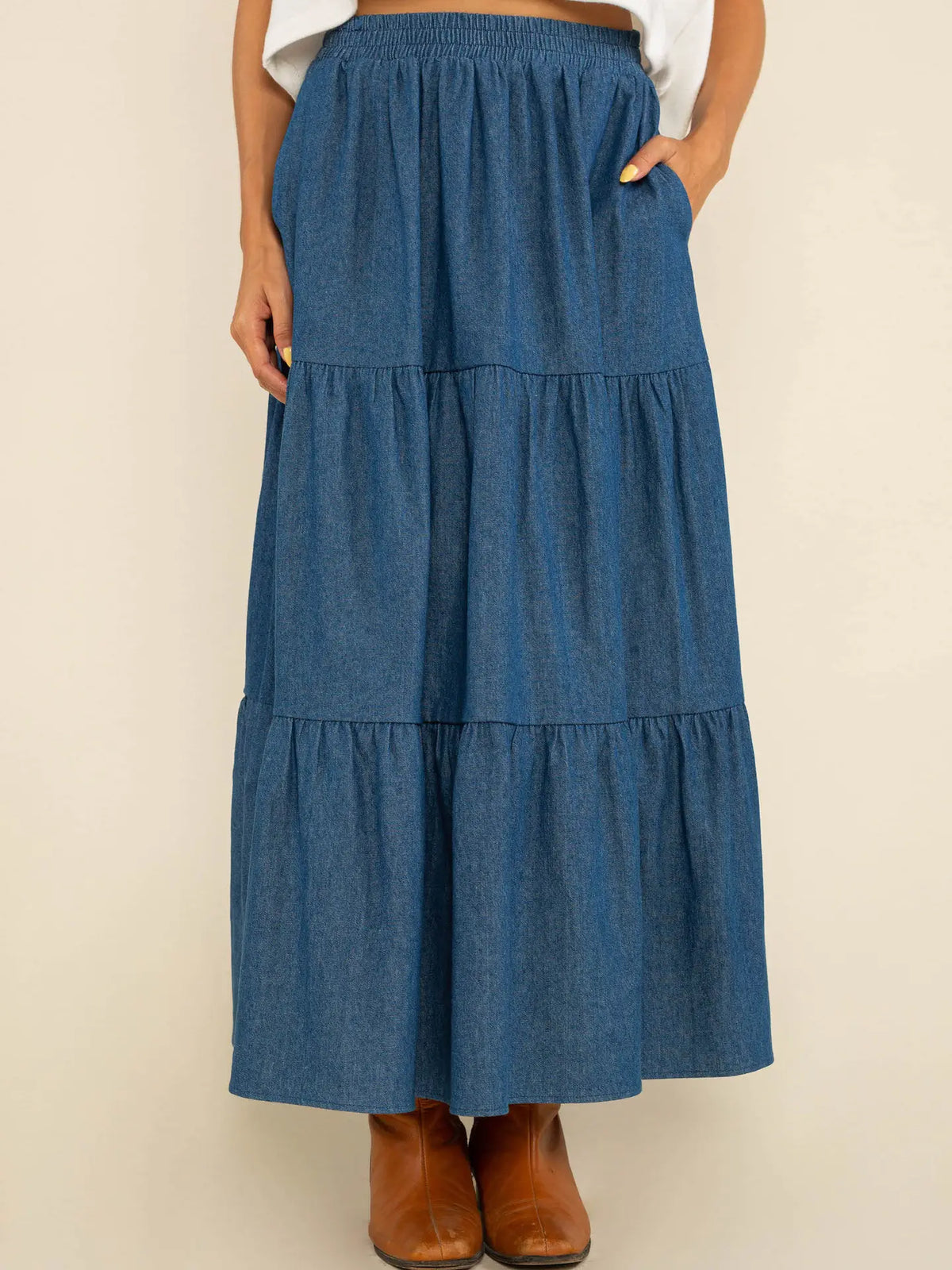 Denim Tiered Maxi Skirt