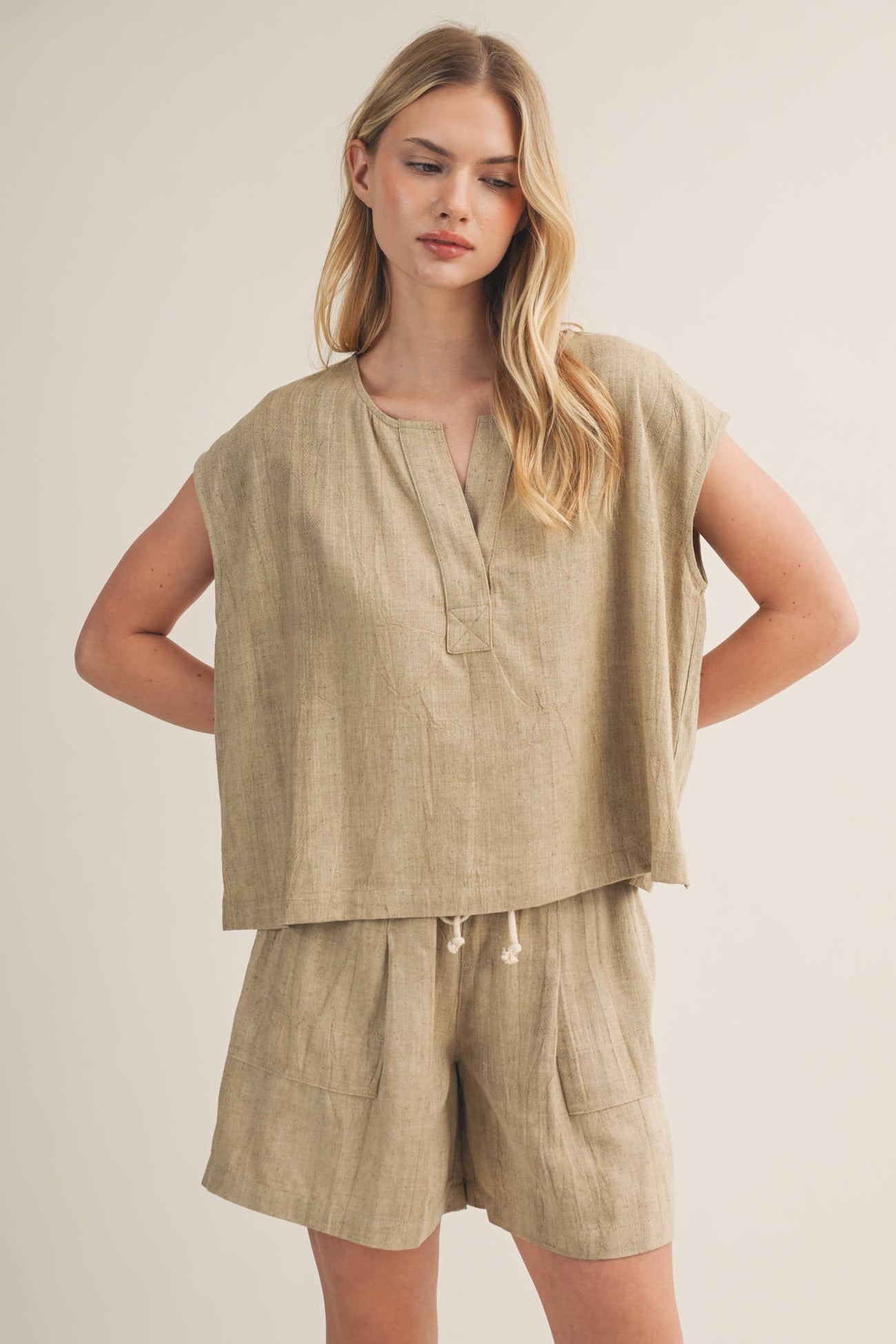 Textured Woven Split V-Neck Top