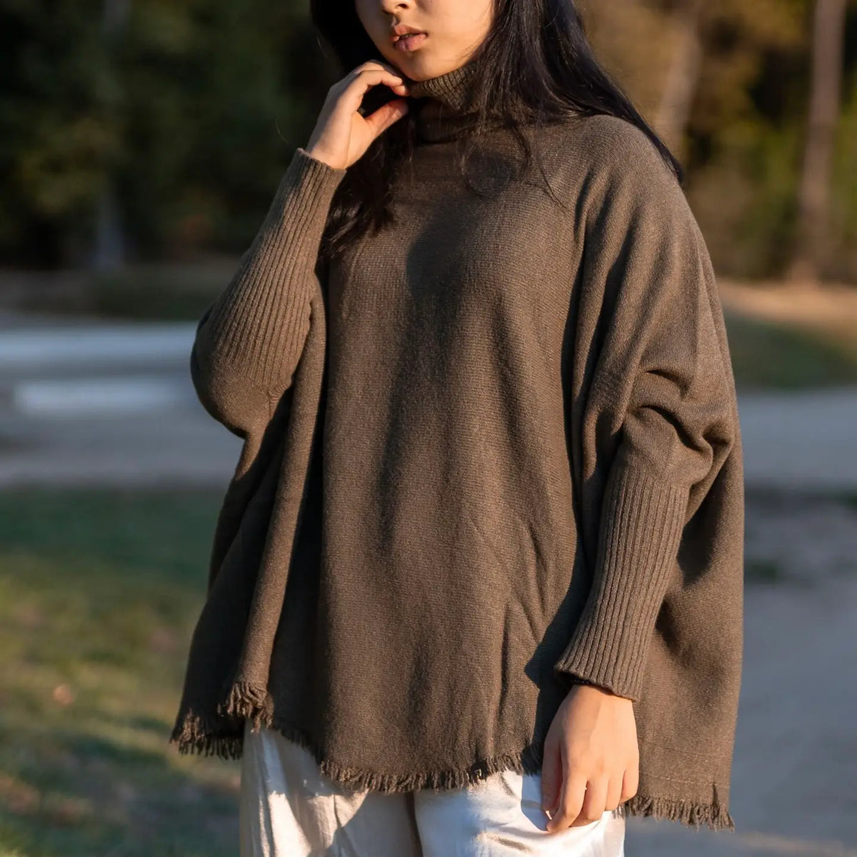 Turtleneck Poncho Sweater with Sleeves