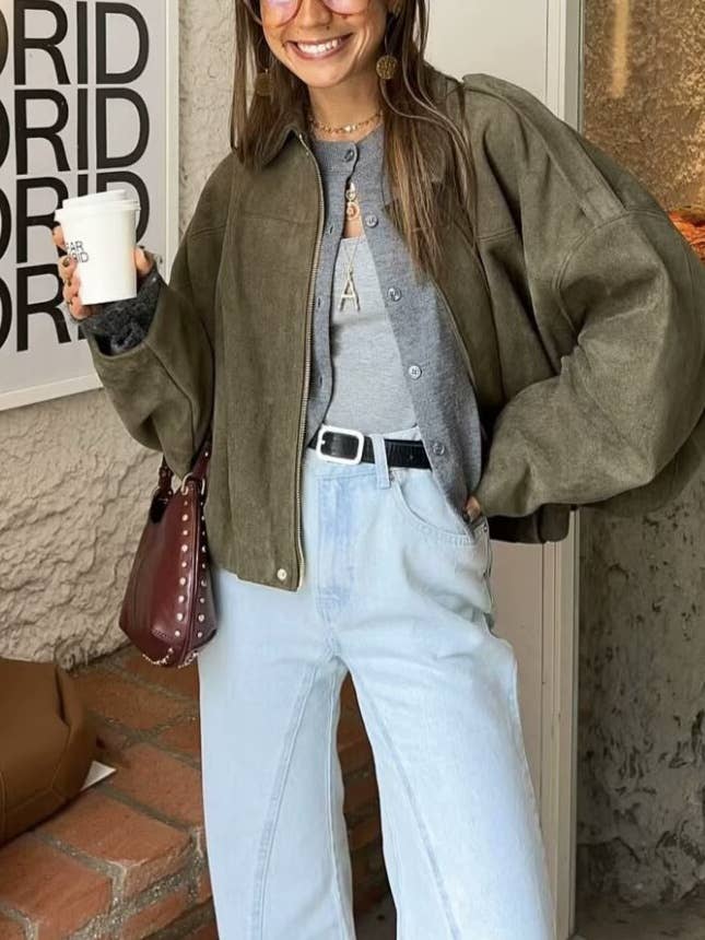 Faux Suede Bomber Jacket