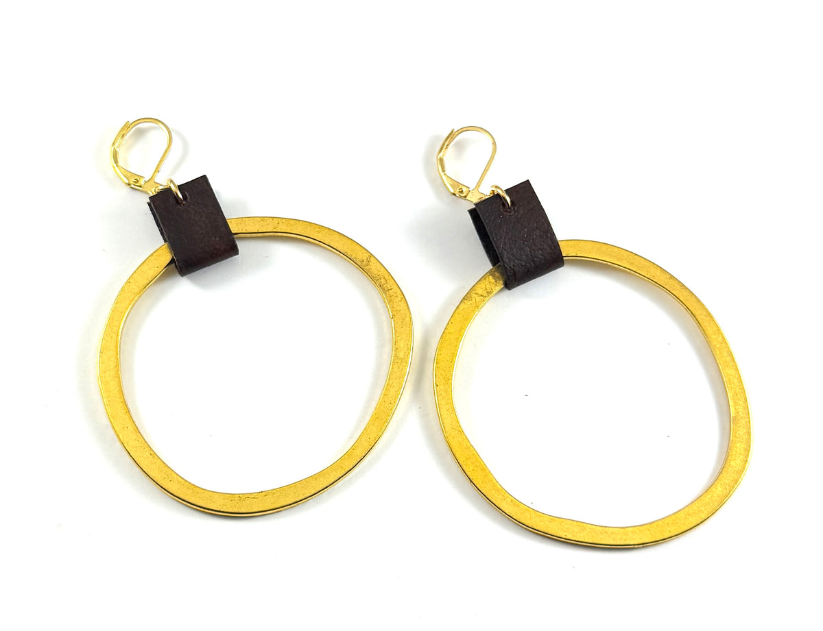 Leather & Gold Organic Circle Earrings