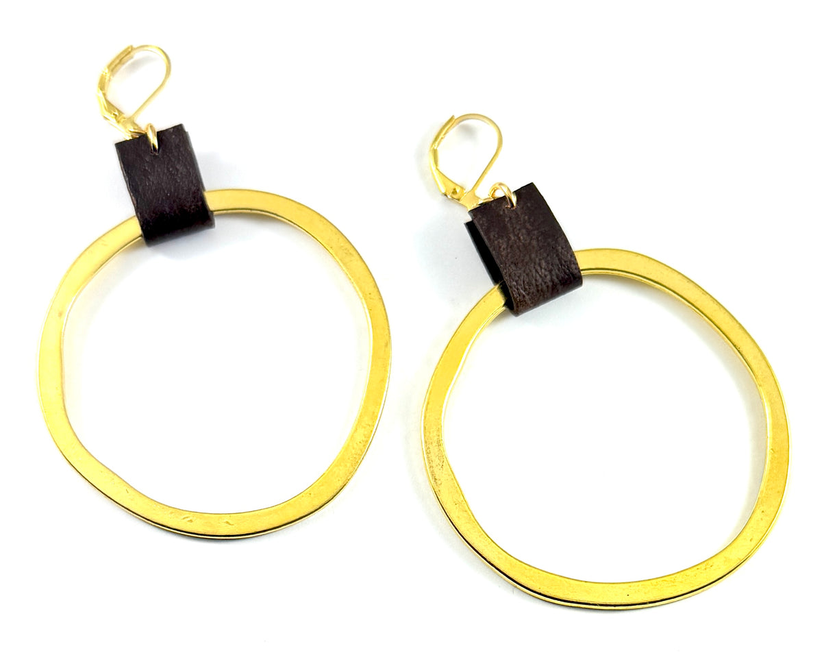 Leather & Gold Organic Circle Earrings