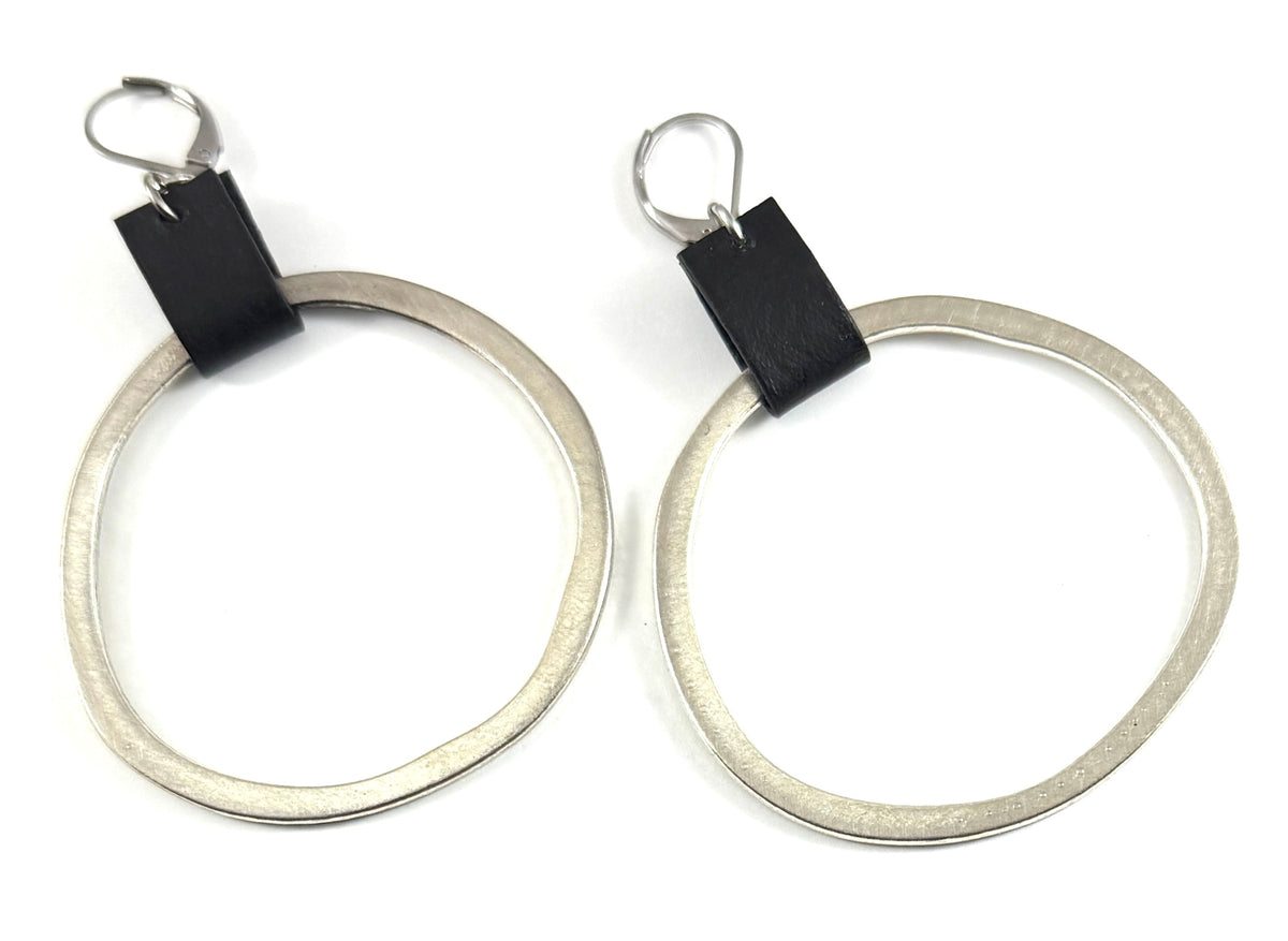 Leather & Silver Organic Circle Earrings