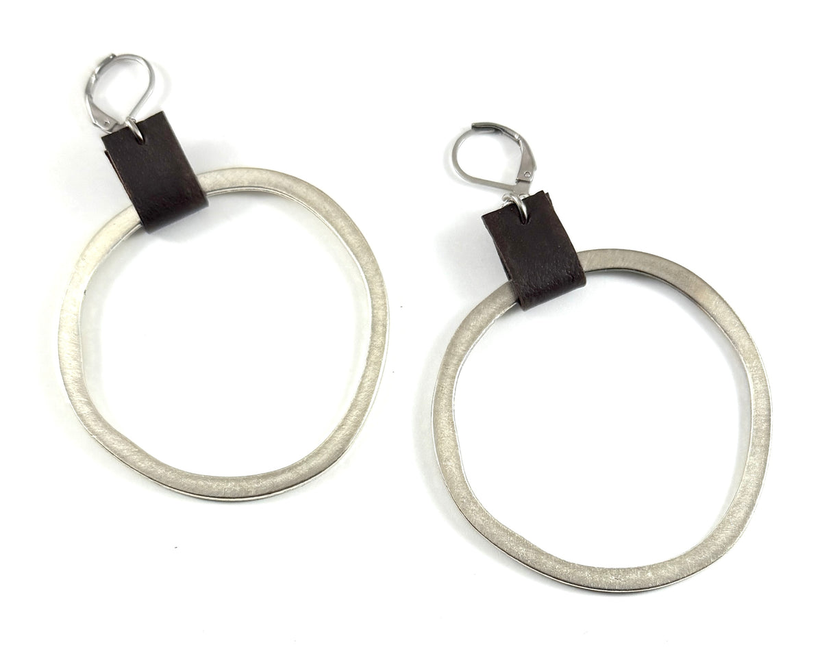 Leather & Silver Organic Circle Earrings