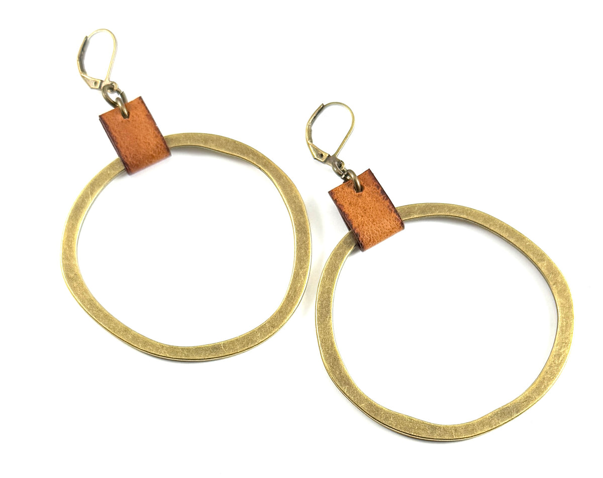 Leather & Brass Organic Circle Earrings