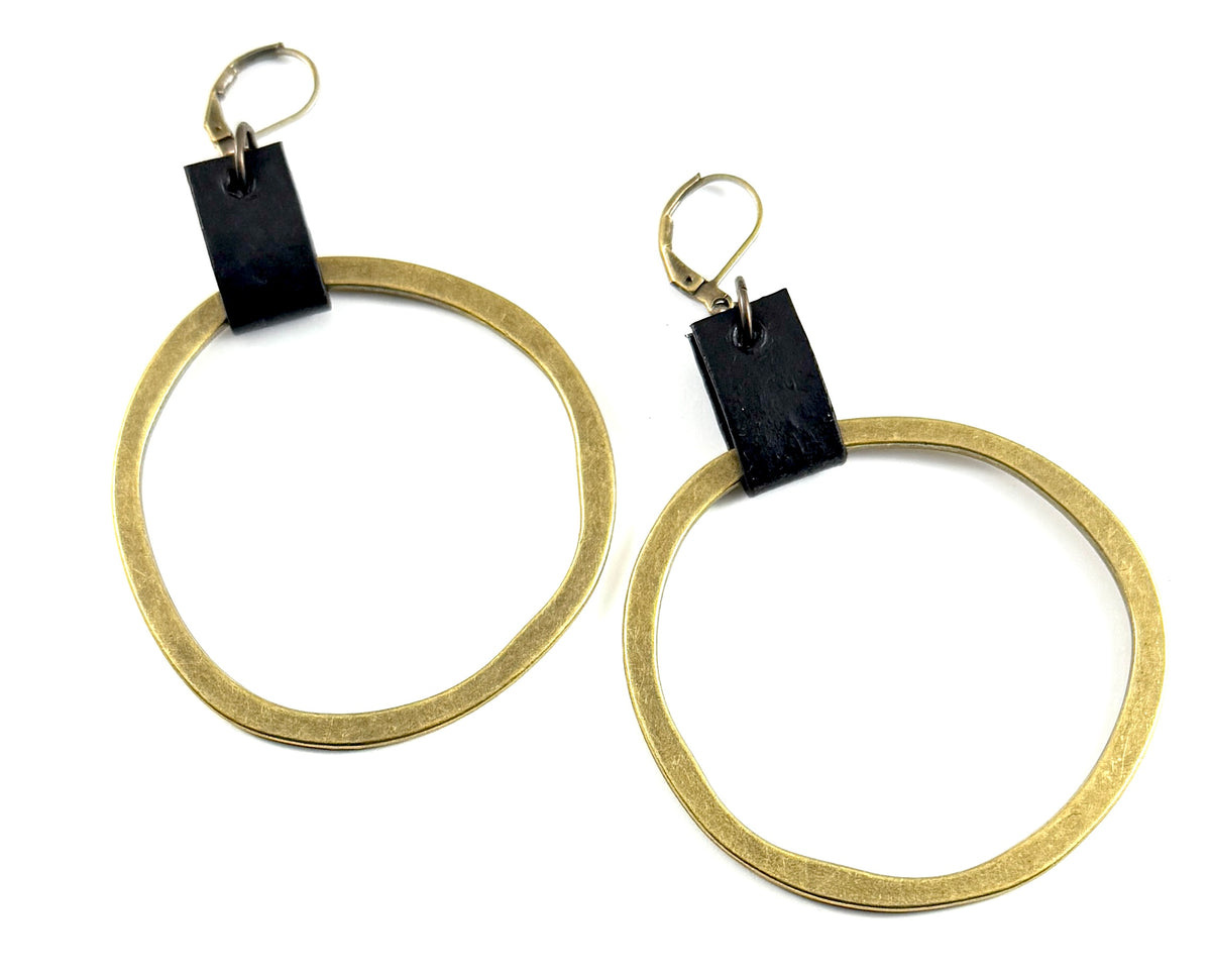 Leather & Brass Organic Circle Earrings