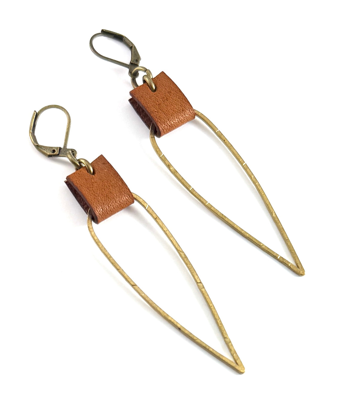 Leather & Brass Elongated Tear Drop Earrings
