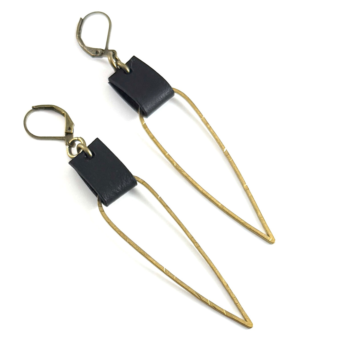 Leather & Brass Elongated Tear Drop Earrings