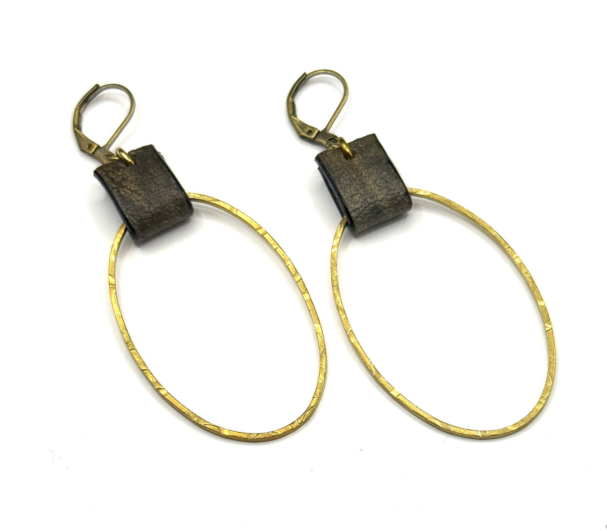 Leather & Brass Oval Earrings