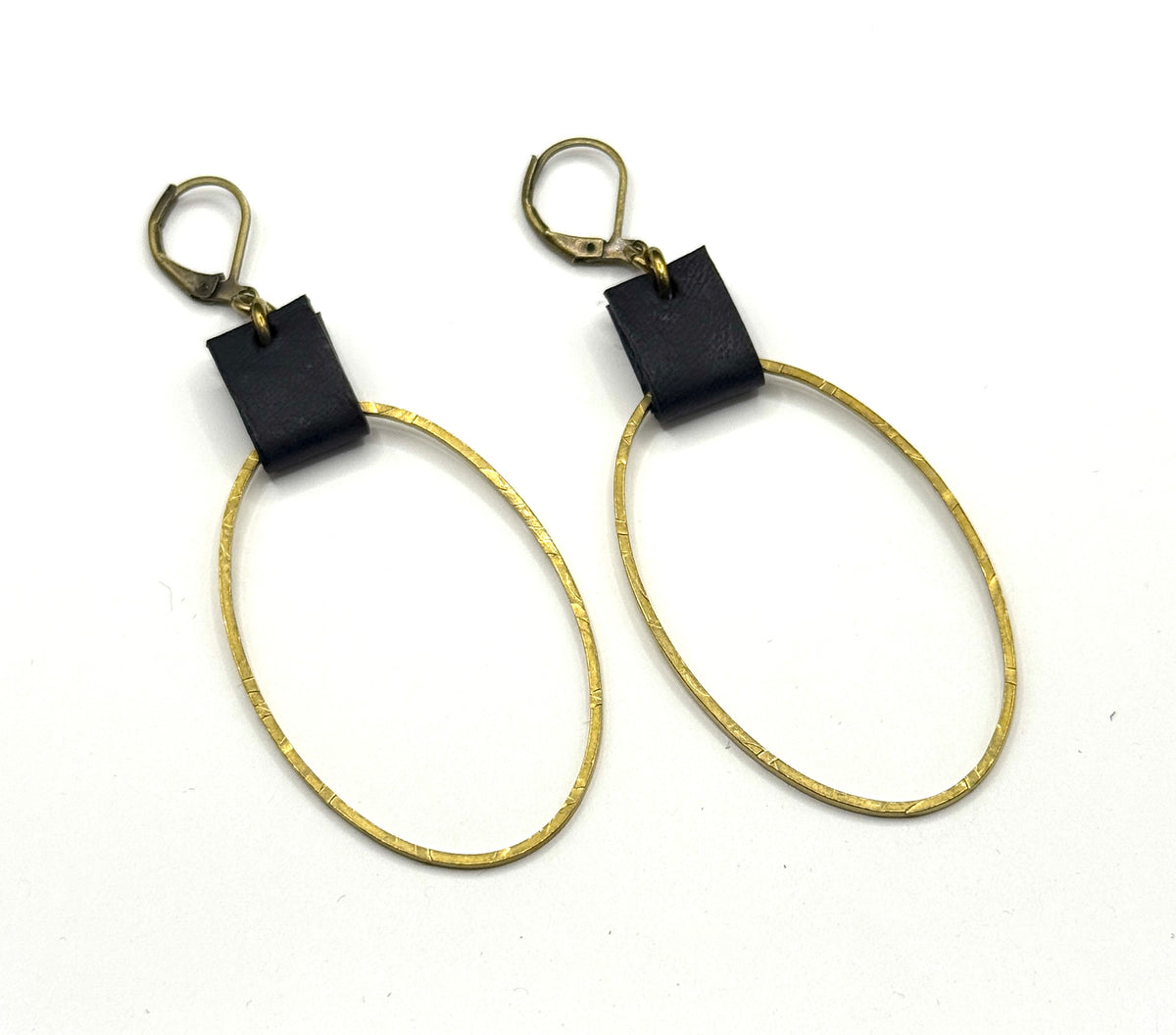 Leather & Brass Oval Earrings