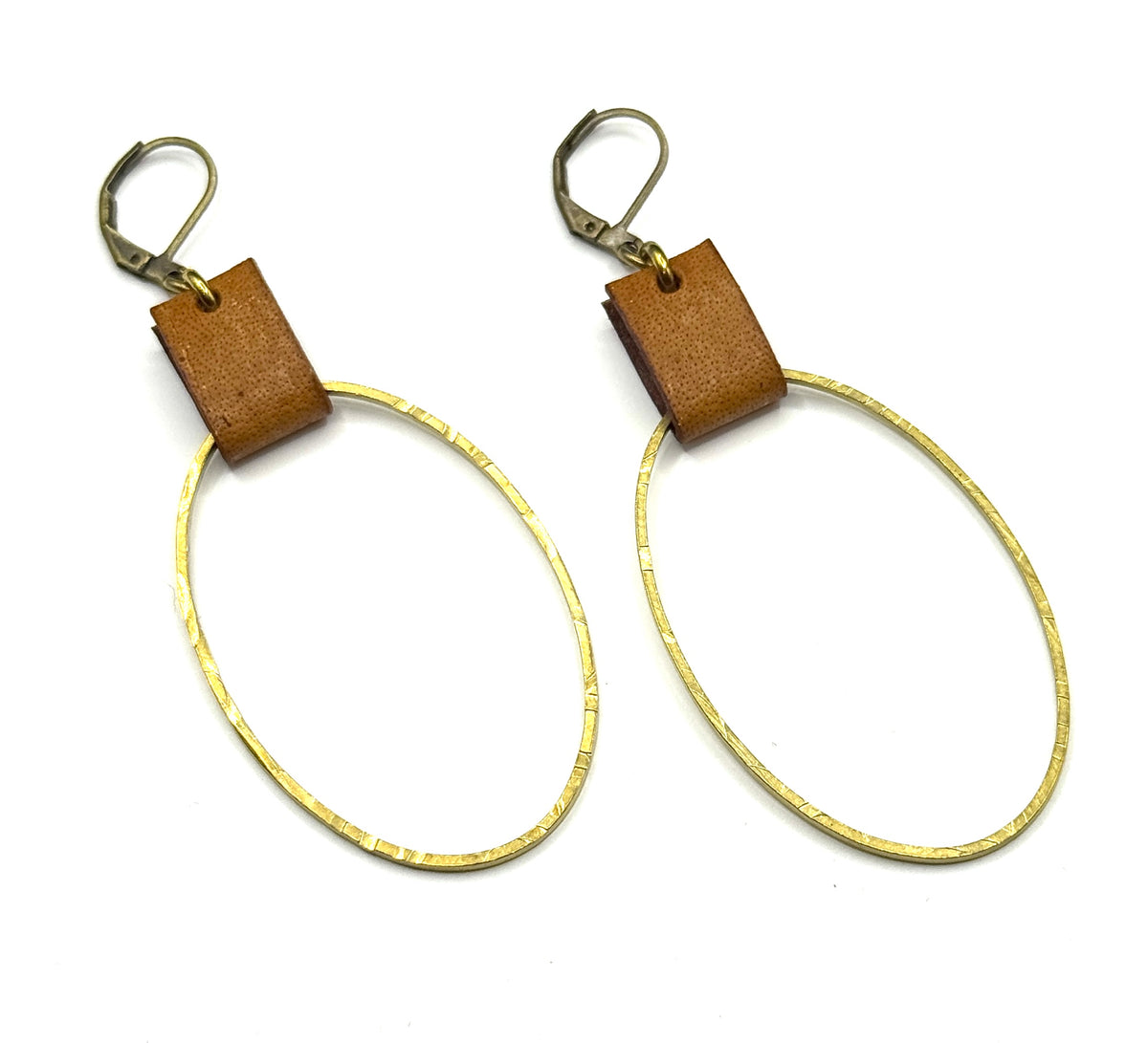 Leather & Brass Oval Earrings
