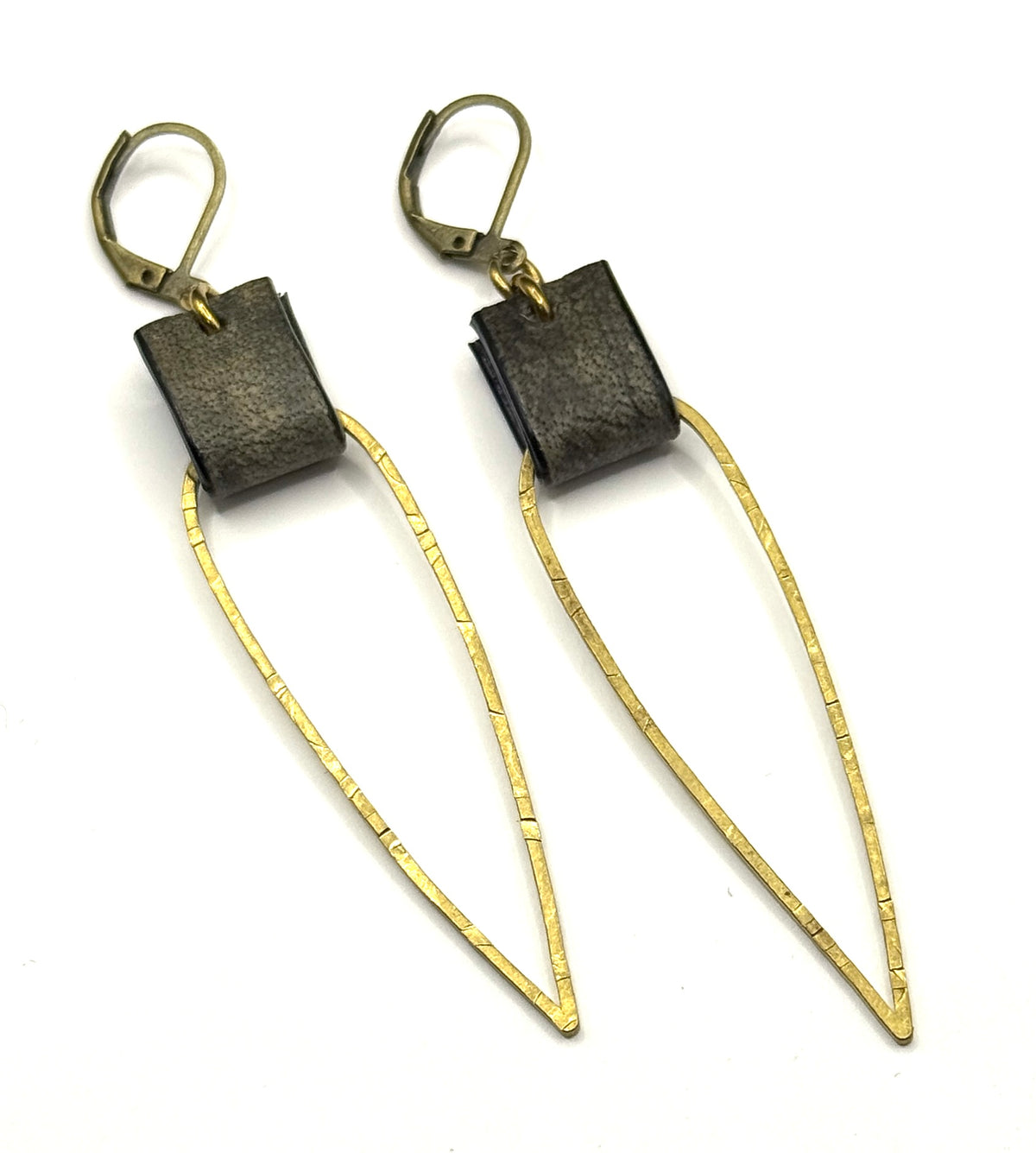 Leather & Brass Elongated Tear Drop Earrings