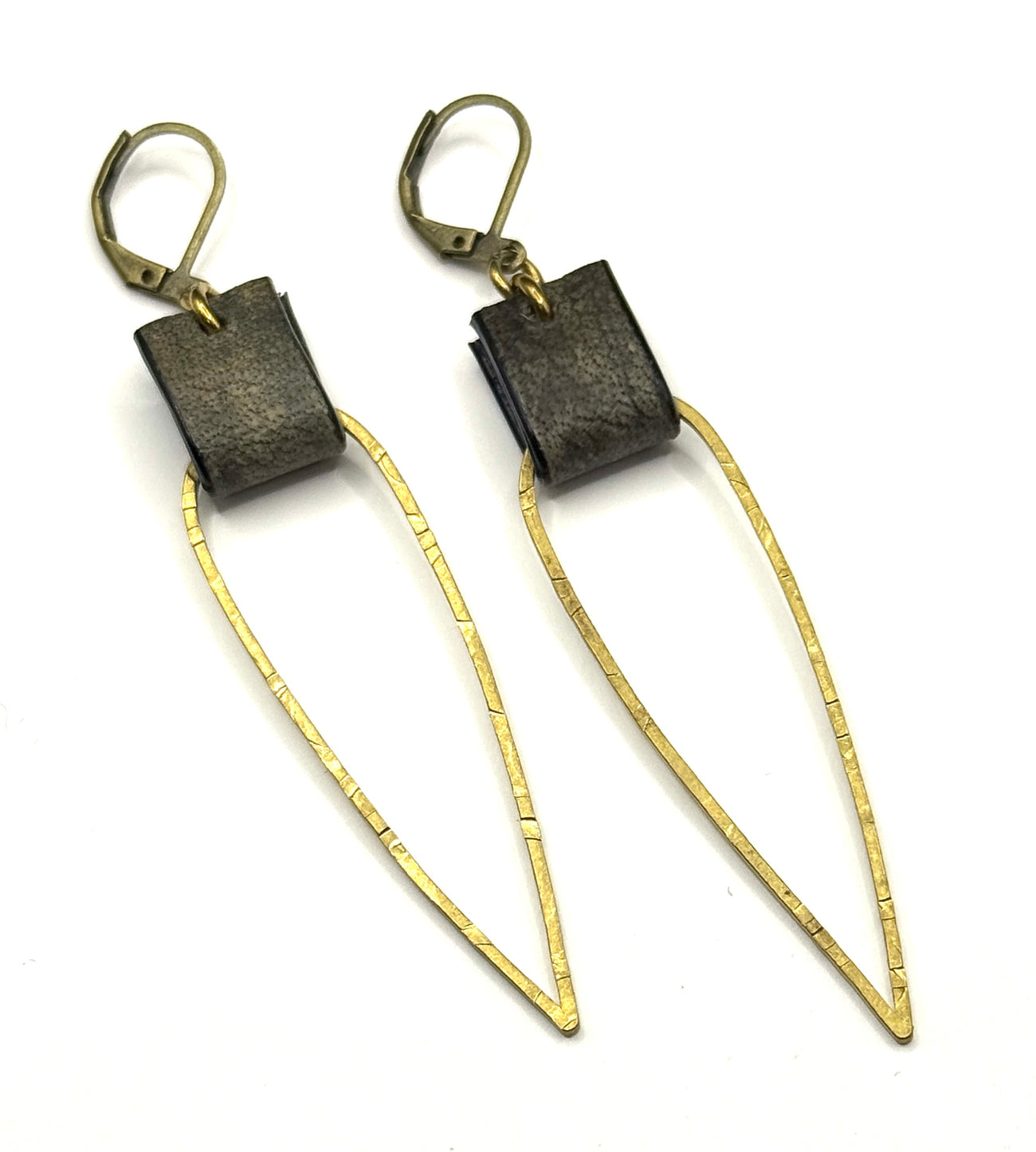Leather & Brass Elongated Tear Drop Earrings