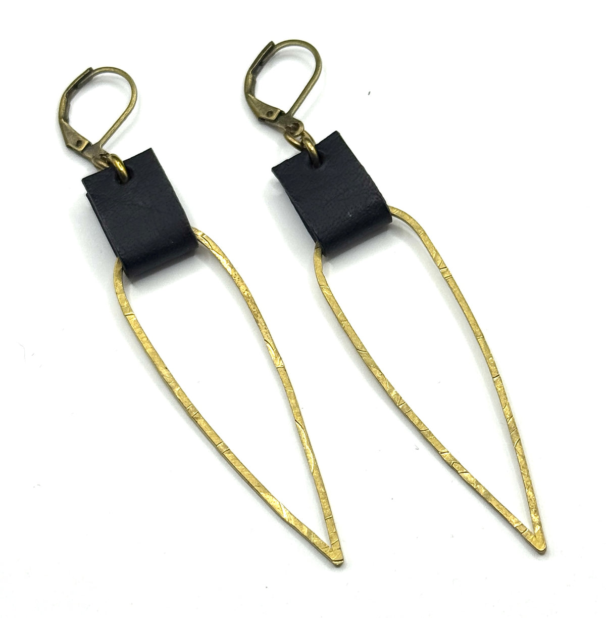 Leather & Brass Elongated Tear Drop Earrings
