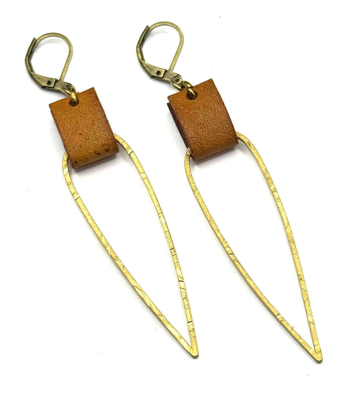 Leather & Brass Elongated Tear Drop Earrings